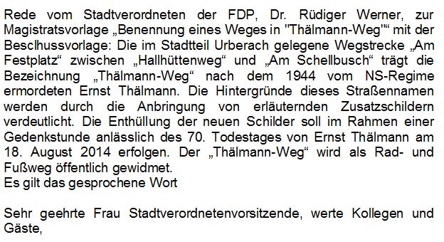 Rede von Dr. Rüdiger Werner zu Thälmann-Weg in Rödermark